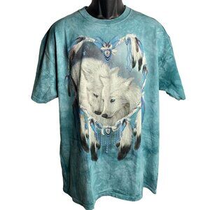 The Mountain Native American Wolves T Shirt 2XL Blue Tie Dye Crewneck Feathers